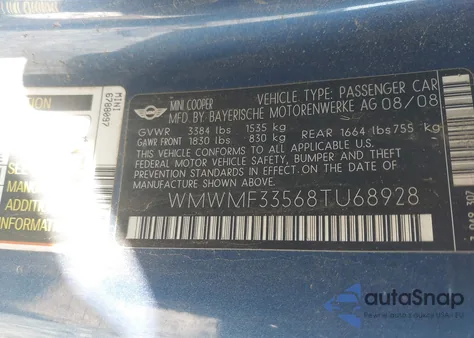 2008 Mini Cooper from USA, damaged, VIN WMWMF33568TU68928